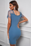 Blue Lace Sleeve Ribbed Bodycon Dress