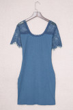 Blue Lace Sleeve Ribbed Bodycon Dress