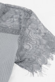 Gray Lace Sleeve Ribbed Bodycon Dress
