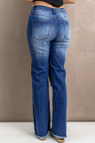 Blue Distressed Ripped Buttons Bell Bottom Jeans