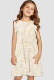 Khaki Girl's Plaid Print Ruffled Sleeveless Shift Mini Dress