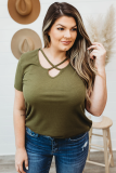 Army Green Plus Size Crisscross Ribbed Knit T-shirt