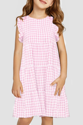 Pink Girl's Plaid Print Ruffled Sleeveless Shift Mini Dress