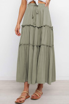 Green Solid Layered Ruffled Drawstring High Waist Maxi Skirt