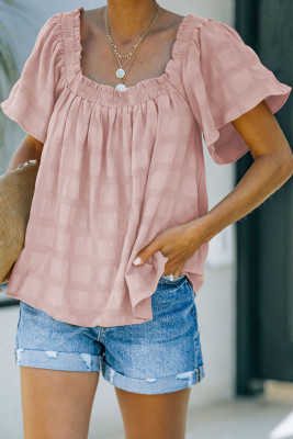 Pink Square Neck Jacquard Short Sleeves Top