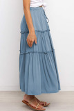 Blue Solid Layered Ruffled Drawstring High Waist Maxi Skirt