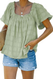 Green Square Neck Jacquard Short Sleeves Top