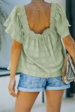 Green Square Neck Jacquard Short Sleeves Top