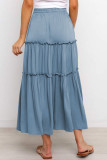 Blue Solid Layered Ruffled Drawstring High Waist Maxi Skirt