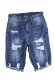 Blue Ripped Tassel Bermuda Jean Shorts