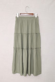 Green Solid Layered Ruffled Drawstring High Waist Maxi Skirt