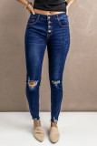 Blue Ripped Button Fly Skinny Jeans