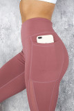 Pink Mesh Side Splicing High Waist Yoga Sports Leggings with Phone Pocket