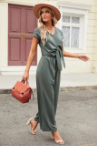 Green Short Sleeves V Neck Knotted Tunic Wide Leg Jumpsuit
