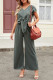 Green Short Sleeves V Neck Knotted Tunic Wide Leg Jumpsuit