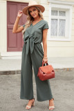 Green Short Sleeves V Neck Knotted Tunic Wide Leg Jumpsuit