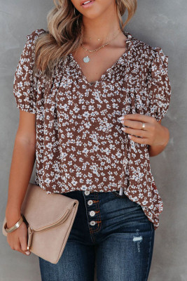 Floral Print Smocked Ruffled V Neck T-shirt