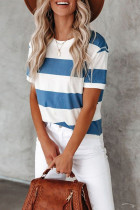 Blue and White Striped Print Crew Neck Top Unishe Wholesale