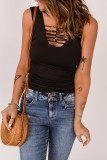 Black Lace up Hollow-out Neck Solid Tank Top