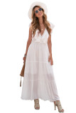 White Lace Splicing Ruffled Deep V Neck Maxi Dress