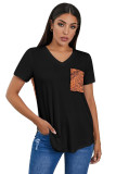 Black Women's Casual Printed Splicing Pullover Pocket T-shirt
