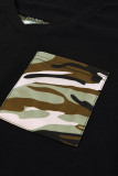 Black Women's Casual Camo Printed Splicing Pullover Pocket T-shirt