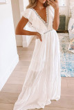 White Lace Splicing Ruffled Deep V Neck Maxi Dress