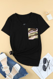 Black Women's Casual Camo Printed Splicing Pullover Pocket T-shirt