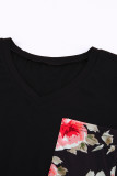 Black Women's Casual Floral Printed Splicing Pullover Pocket T-shirt