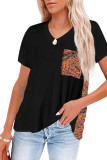 Black Women's Casual Printed Splicing Pullover Pocket T-shirt