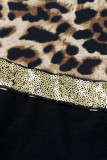 Leopard Sequin Patchwork Criss Cross V Neck Shift Mini Dress
