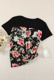 Black Women's Casual Floral Printed Splicing Pullover Pocket T-shirt