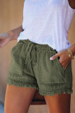 Green Casual Pocketed Frayed Denim Shorts