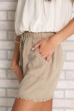 Khaki Solid Color Drawstring Frayed Hem Pocketed Shorts