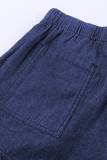 Dark Blue Casual Pocketed Frayed Denim Shorts
