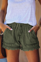 Green Casual Pocketed Frayed Denim Shorts