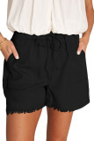 Black Raw Hem Pocketed Drawstring Casual Shorts