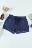 Dark Blue Casual Pocketed Frayed Denim Shorts