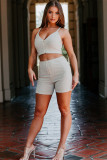 Beige Ribbed Knit Zip-up Crop Top and High Waist Shorts Set