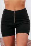 Black Ribbed Knit Zip-up Crop Top and High Waist Shorts Set