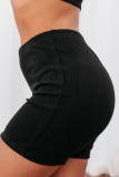 Black Ribbed Knit Zip-up Crop Top and High Waist Shorts Set