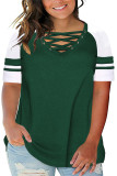 Green Crisscross V Neck Raglan Sleeve Plus Size Tee