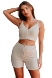 Beige Ribbed Knit Zip-up Crop Top and High Waist Shorts Set