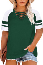 Green Crisscross V Neck Raglan Sleeve Plus Size Tee
