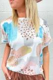 White Abstracted Paint Leopard Print Folded Sleeves T Shirt