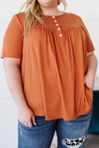 Orange Buttons Ruched O Neck Short Sleeve Plus Size Top