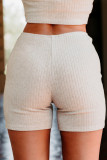 Beige Ribbed Knit Zip-up Crop Top and High Waist Shorts Set