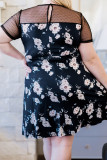 Plus size Floral Print Polka Dots Mesh Patch Mini Dress
