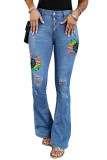 Sky Blue Tie Dye Sunflower Print Buttons Distressed Flare Jeans