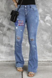 Sky Blue USA Star Print Button Fly Distressed Flare Jeans